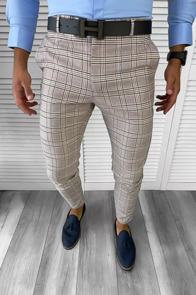 Pantaloni Eleganti Carouri pentru Barbati, Bej